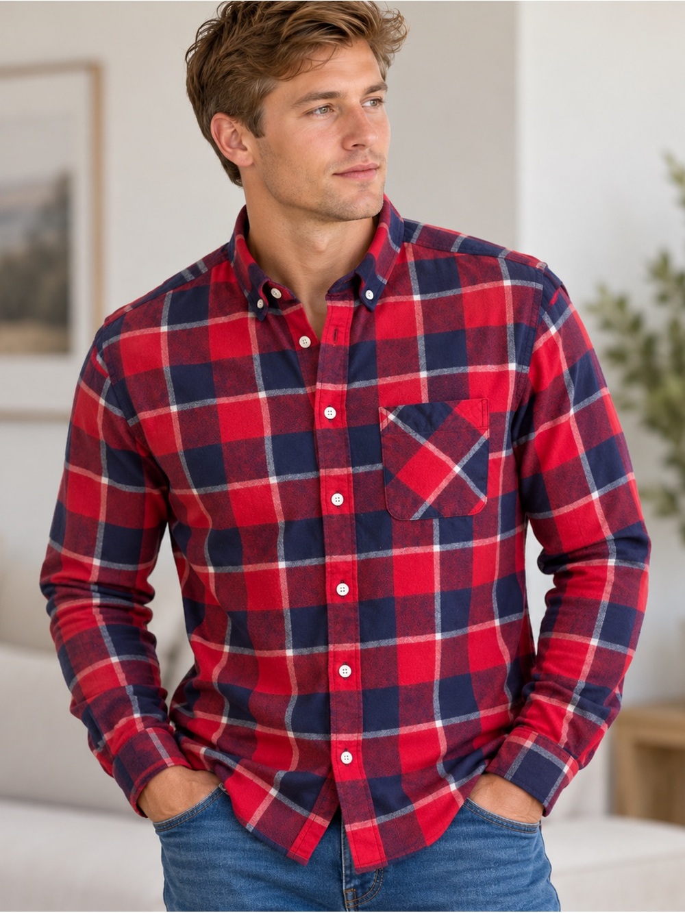 Frank and Oak Men's Flannel Plaid Button Down Shirt Red Navy XS